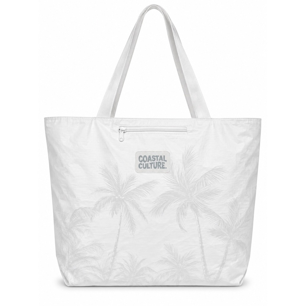 Coastal Culture White Palm Tree Print Large Tote Bag Beach Travel Zippered